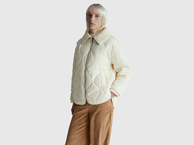 Benetton Kadın Krem Fermuarlı Gömlek Yaka Kapitone Ceket