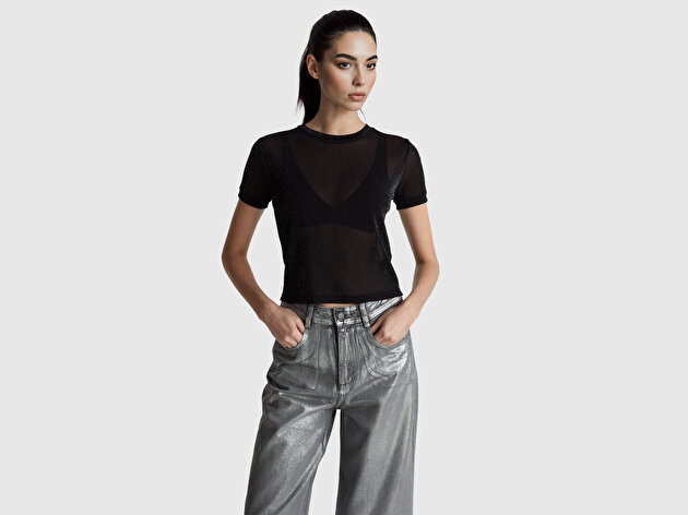 Benetton Kadın Sİyah Simli Bisiklet Yaka Slim Fit T-Shirt