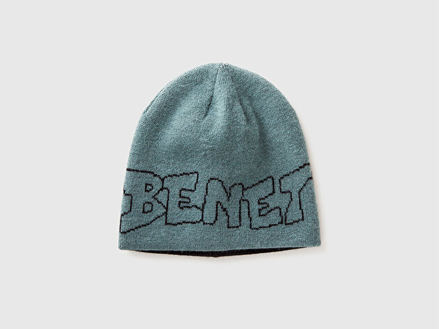 Benetton Erkek Çocuk Gri-Yeşil Mix Logo İşlemeli Çift Taraflı Bere