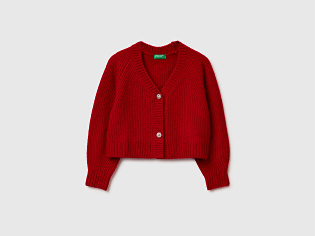 Benetton Kız Çocuk Kırmızı Düğmeli V Yaka Örme Hırka