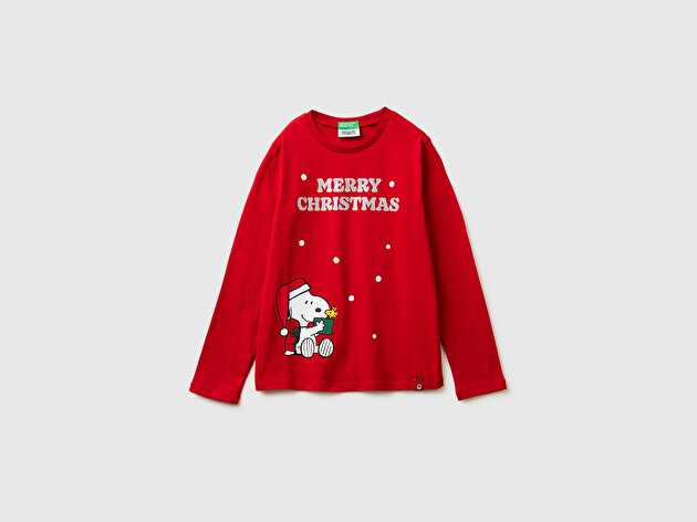 Benetton Kız Çocuk Kırmızı Önü Christmas Baskılı Uzun Kollu T-shirt