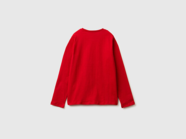 Benetton Kız Çocuk Kırmızı Önü Christmas Baskılı Uzun Kollu T-shirt