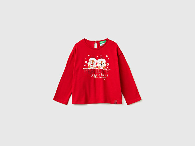 Benetton Kız Bebek Kırmızı Önü Baskılı Logo Etiketi Detaylı Uzun Kollu T-shirt