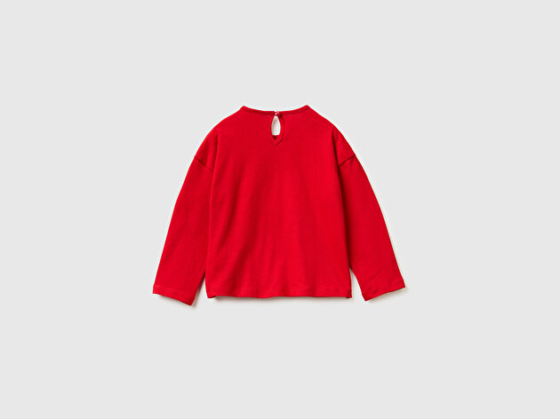 Benetton Kız Bebek Kırmızı Önü Baskılı Logo Etiketi Detaylı Uzun Kollu T-shirt