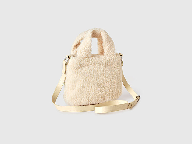 Benetton Kız Çocuk Ekru Logo Baskılı Cepli Teddy Omuz Çanta