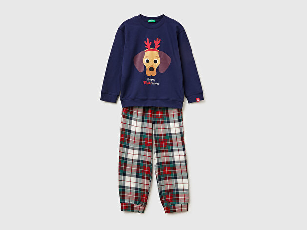 Benetton Erkek Çocuk Lacivert Üstü Baskılı Altı Kare Desenli Pijama Takımı