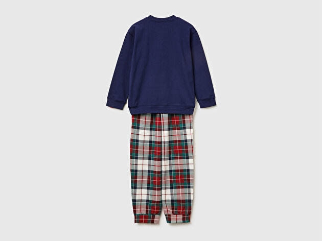 Benetton Erkek Çocuk Lacivert Üstü Baskılı Altı Kare Desenli Pijama Takımı