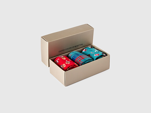 Benetton Erkek Çocuk Yeşil- Bordo - Mürdüm Mix Yılbaşı Desenli 3'lü Soket Çorap Seti