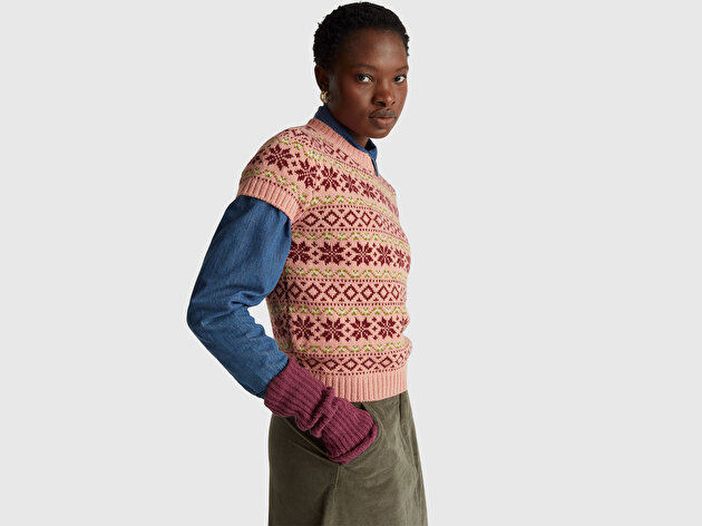 Benetton Kadın Gül Kurusu  Yün Alpaka Karışımlı Jakarlı Kısa Kollu Stranger Things Kazak