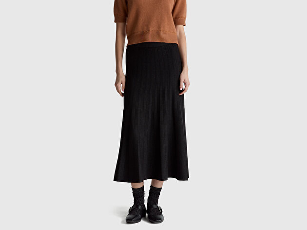 Benetton Kadın Siyah Viskoz Karışımlı Beli Lastikli Pileli Uzun  Triko Etek