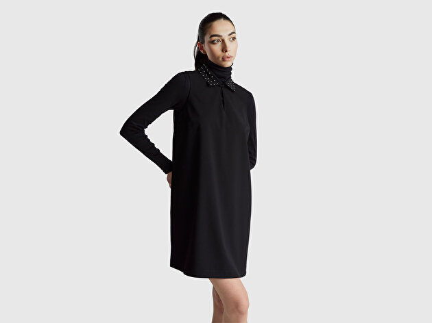Benetton Kadın Siyah Viskoz ve Pamuk Karışımlı Yaka Detaylı Astarlı Kolsuz Elbise