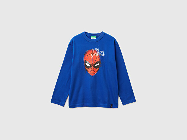 Benetton Erkek Çocuk Saks Mavisi Spiderman Baskılı Logolu Püskürtme Efektli Uzun Kollu T-shirt