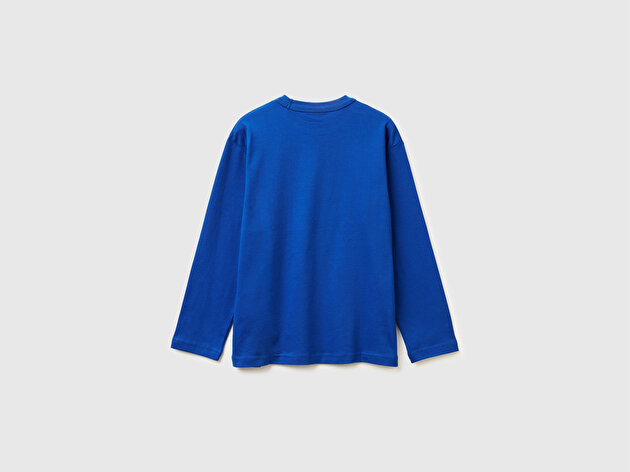 Benetton Erkek Çocuk Saks Mavisi Spiderman Baskılı Logolu Püskürtme Efektli Uzun Kollu T-shirt