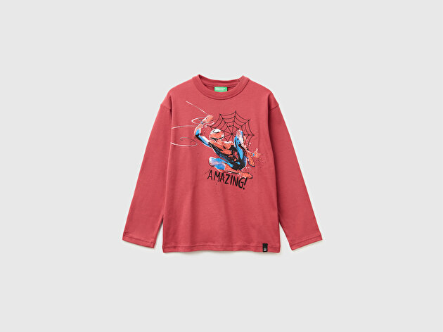 Benetton Erkek Çocuk Bordo Spiderman Baskılı Logolu Püskürtme Efektli Uzun Kollu T-shirt