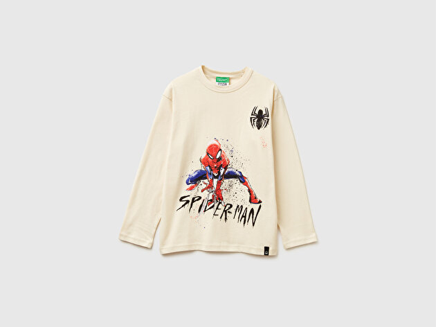 Benetton Erkek Çocuk Krem Spiderman Baskılı Logolu Püskürtme Efektli Uzun Kollu T-shirt