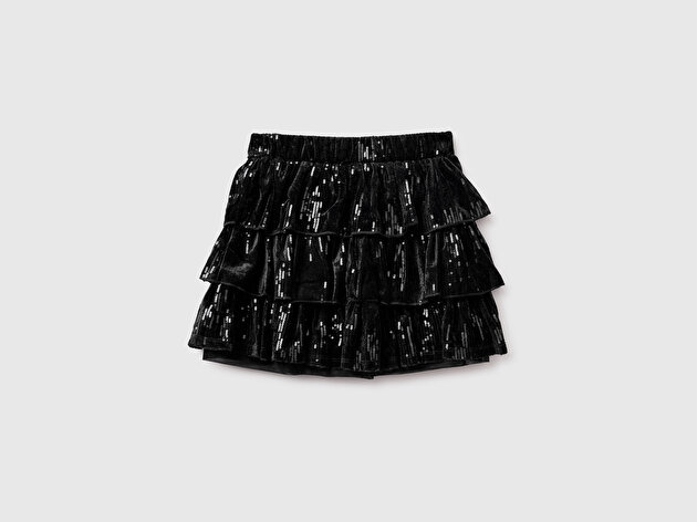 Benetton Kız Çocuk Siyah Tamamı Payetli Beli Lastikli Volanlı Etek