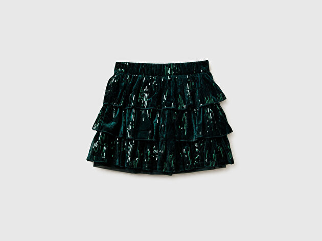 Benetton Kız Çocuk Koyu Yeşil Tamamı Payetli Beli Lastikli Volanlı Etek