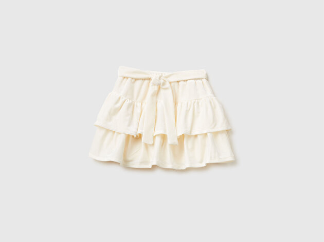 Benetton Kız Bebek Ekru Volanlı Büzgü İpli Kadife Etek