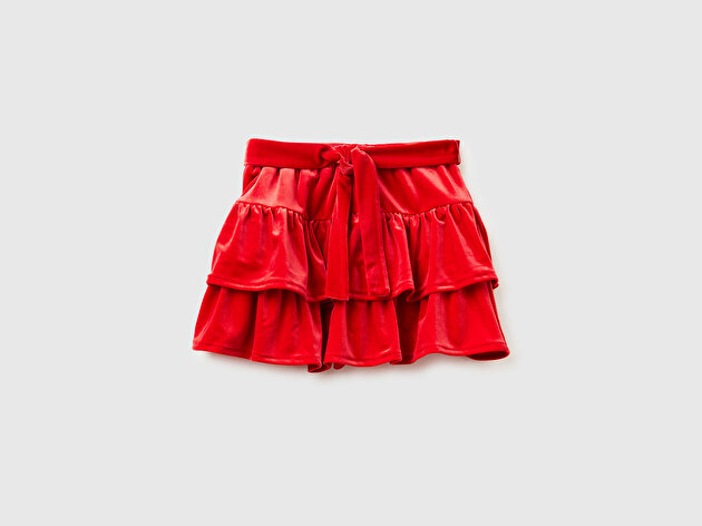 Benetton Kız Bebek Kırmızı Volanlı Büzgü İpli Kadife Etek
