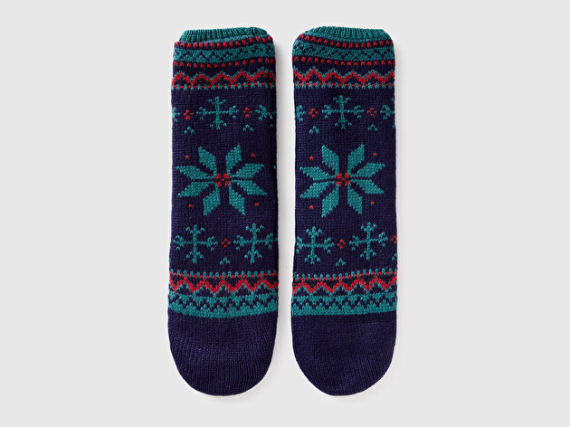 Benetton Unisex Yeşil Yılbaşı Desenli Kalın Örgü Çorap