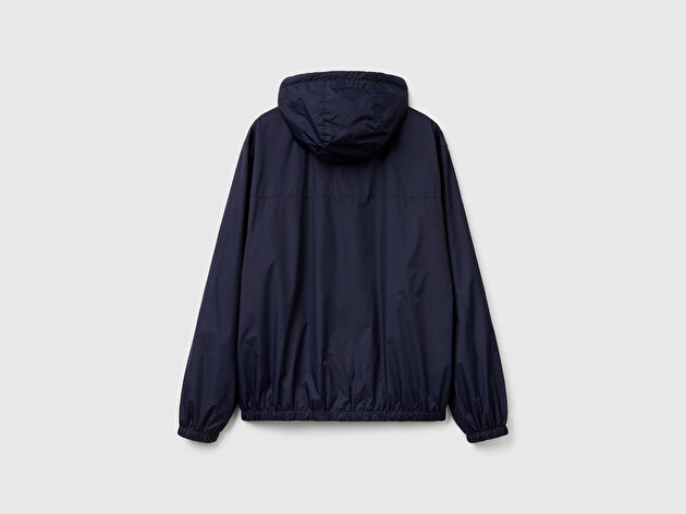 Benetton Erkek Lacivert Logo Detaylı Önü Fermuarlı Büzme İpli Kapüşonlu Ceket