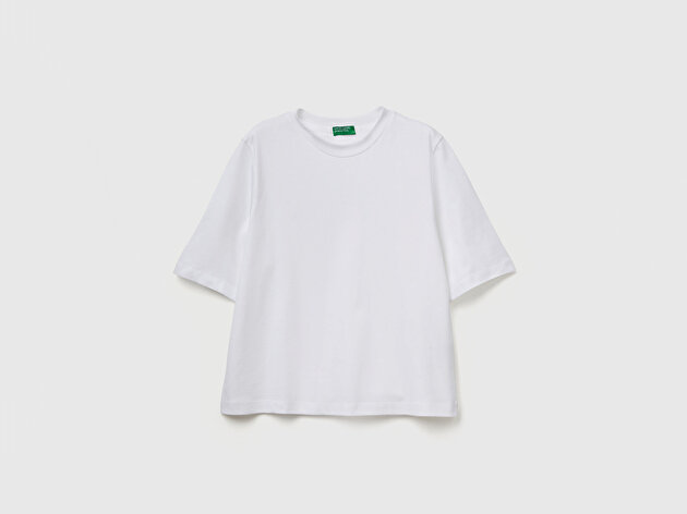 Benetton Kadın Beyaz %100 Koton Boxy Fit T-Shirt
