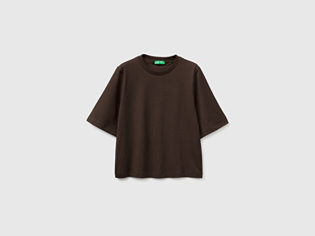 Benetton Kadın Kahverengi %100 Koton Boxy Fit T-Shirt