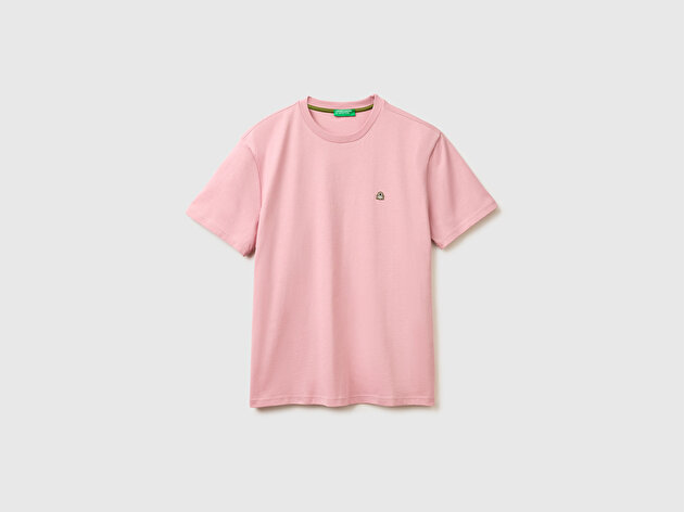 Benetton Erkek Pembe %100 Koton Benetton Logolu Bisiklet Yaka T-Shirt