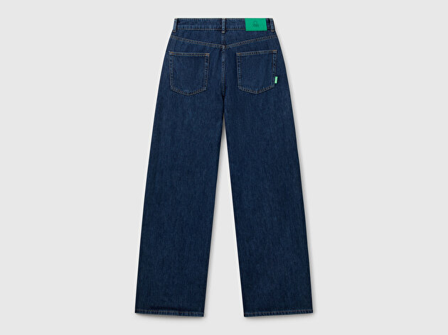 Benetton Kadın Lacivert %100 Pamuk Etiket Detaylı Geniş Paça Denim Pantolon