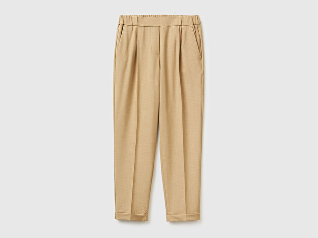 Benetton Kadın Taba Viskoz Karışımlı Yanı ve Arkası Büzgülü Kıvrık Paça Pantolon