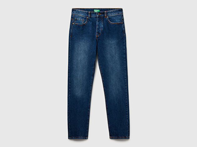 Benetton Erkek Koyu Mavi Pamuk Karışımlı Arkası Logo Etiketli Cepli Slim Fit Denim Pantolon