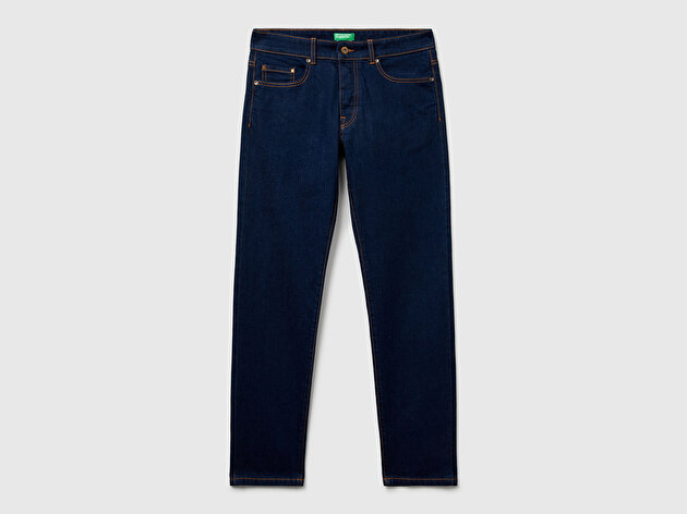 Benetton Erkek Lacivert Pamuk Karışımlı Arkası Logo Etiketli Cepli Slim Fit Denim Pantolon