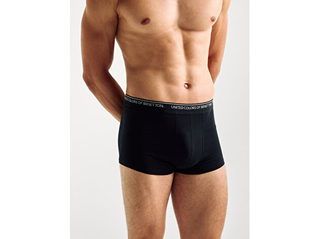 Benetton Erkek Siyah Pamuk Karışımlı Beli Logo Baskılı Tek Renk Boxer