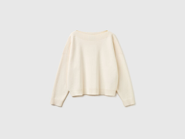 Benetton Kadın Krem Pamuk ve Yün Karışımlı Jakarlı Boxy Fit Kayık Yaka Kazak