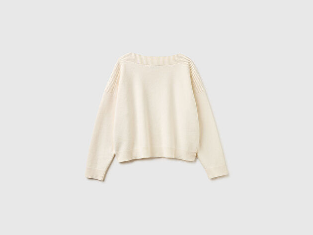 Benetton Kadın Krem Pamuk ve Yün Karışımlı Jakarlı Boxy Fit Kayık Yaka Kazak