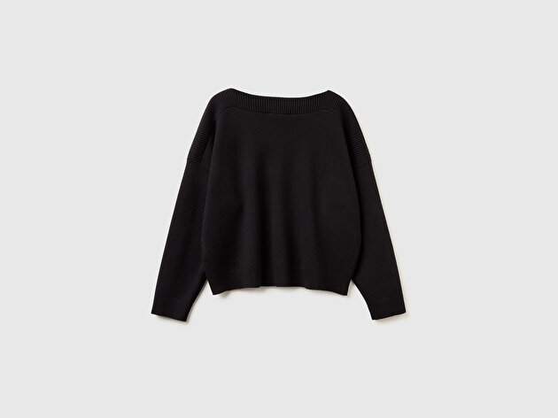 Benetton Kadın Siyah Pamuk ve Yün Karışımlı Jakarlı Boxy Fit Kayık Yaka Kazak