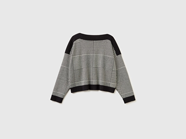 Benetton Kadın Gri Pamuk ve Yün Karışımlı Ekose Desenli Kayık Yaka Kazak