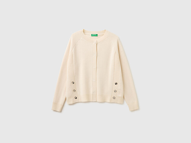 Benetton Kadın Krem Yün Karışımlı Gümüş Düğmeli Reglan Kol Hırka