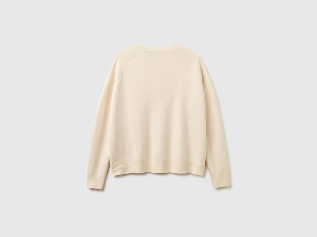 Benetton Kadın Krem Yün Karışımlı Gümüş Düğmeli Reglan Kol Hırka