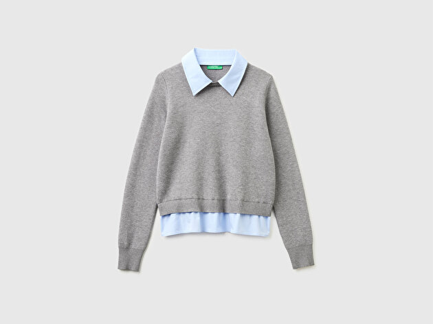 Benetton Kadın Anrasit Melanj %100 Pamuk Detaylı Yanları Yırtmaçlı Poplin Yaka Kazak