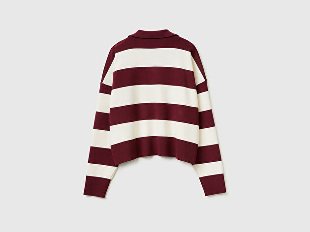Benetton Kadın Bordo Viskoz Karışımlı Çizgili Boxy Fit Polo Yaka Kazak