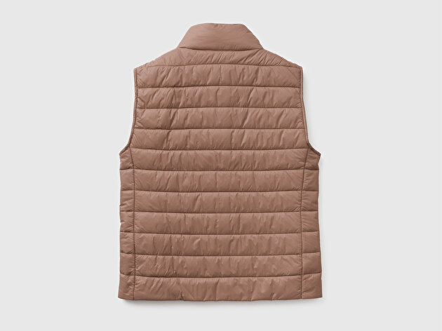 Benetton Kadın Vizon Polyester Dolgulu Fermuarlı Slim Fit Pufa Yelek