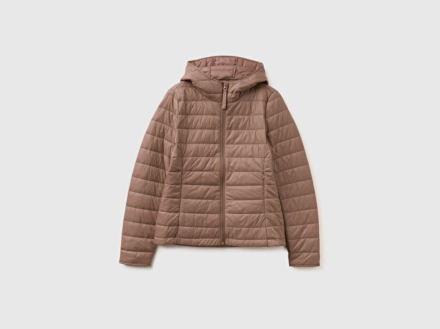 Benetton Kadın Vizon Polyester Dolgulu Feramuarlı Kapüşonlu Slim Fit Puffer Mont