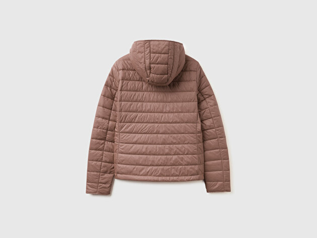 Benetton Kadın Vizon Polyester Dolgulu Feramuarlı Kapüşonlu Slim Fit Puffer Mont