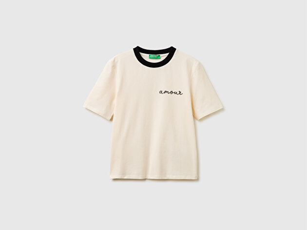 Benetton Kadın Krem Pamuk Karışımlı Payetli Nakışlı Bisiklet Yaka T-Shirt