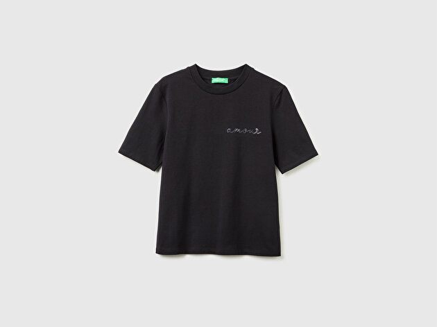 Benetton Kadın Siyah Pamuk Karışımlı Payetli Nakışlı Bisiklet Yaka T-Shirt