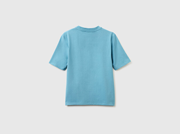 Benetton Kadın Açık Mavi Pamuk Karışımlı Payetli Nakışlı Bisiklet Yaka T-Shirt