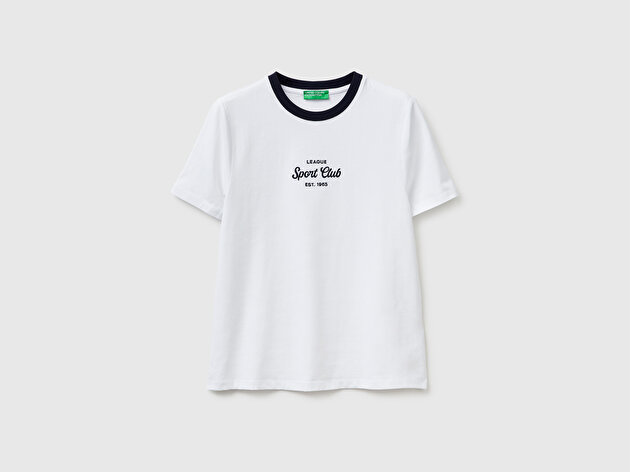Benetton Kadın Beyaz Pamuk Karışımlı Önü İşlemeli Bisiklet Yaka T-Shirt