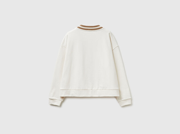 Benetton Kadın Krem Pamuk Karışımlı Şerit Detaylı Geniş V Yaka Hırka