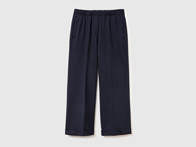 Benetton Kadın Lacivert Viskoz Karışımlı Beli Lastikli Kıvrık Paça Pantolon